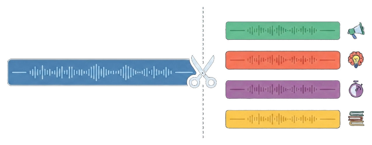A long podcast waveform cut by scissors into four short color-coded clips, each tagged with a purpose icon
